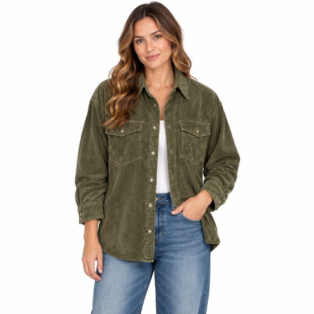 American Eagle Button Down Shirt Women Small Olive Green Corduroy Oversized